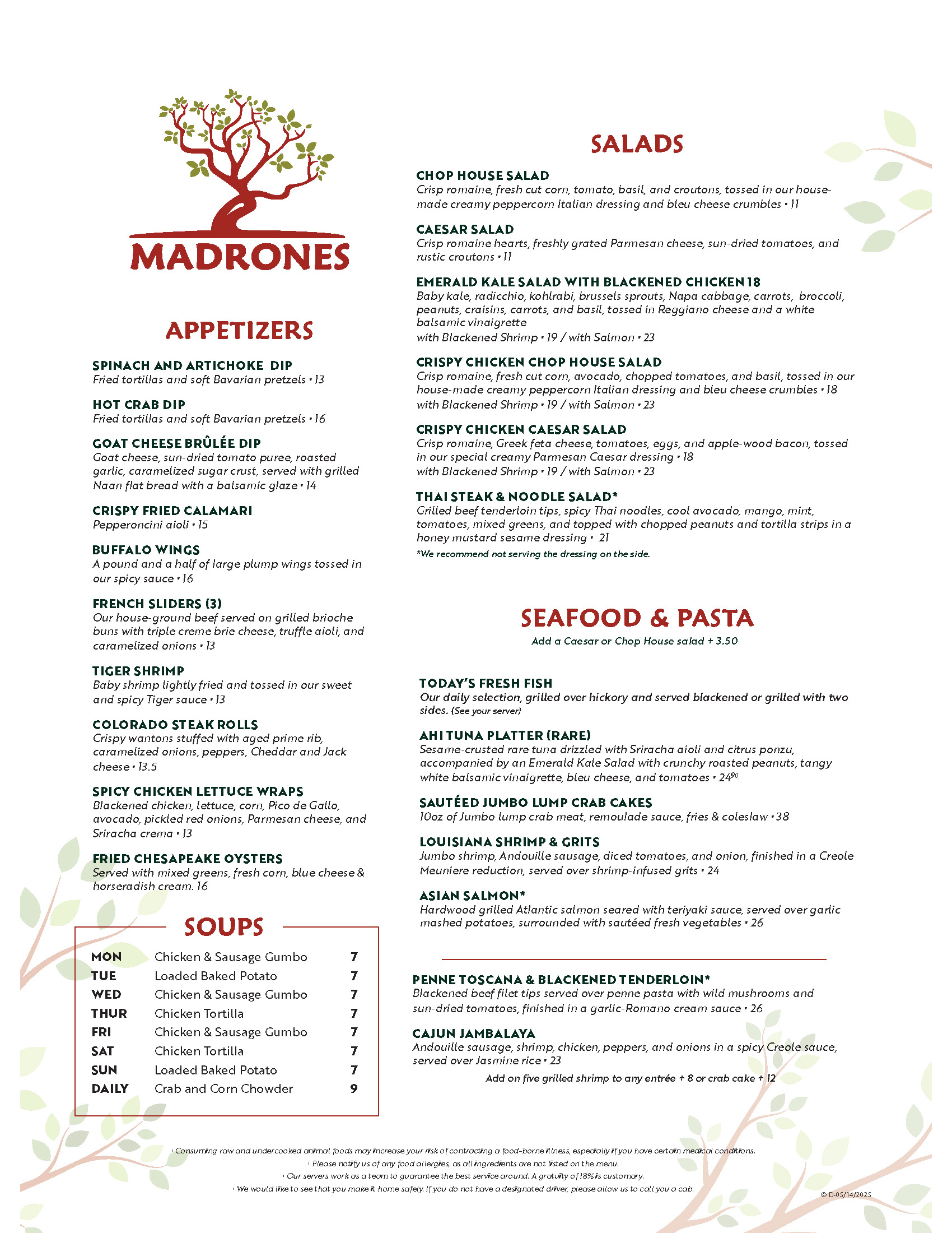Madrones Dinner Menu Pg 1