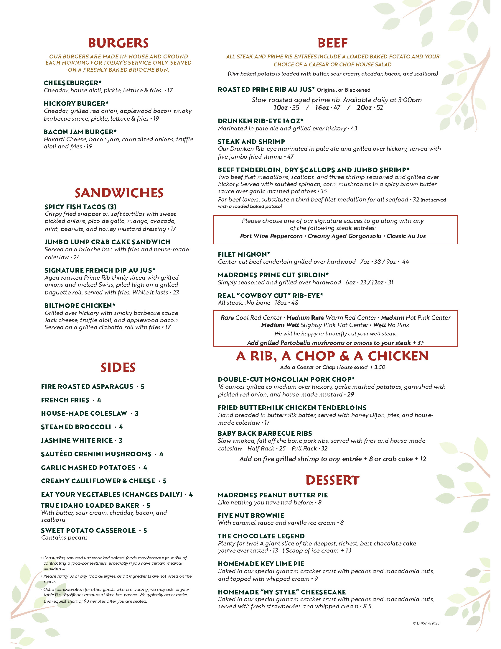 Madrones Dinner Menu Pg 2