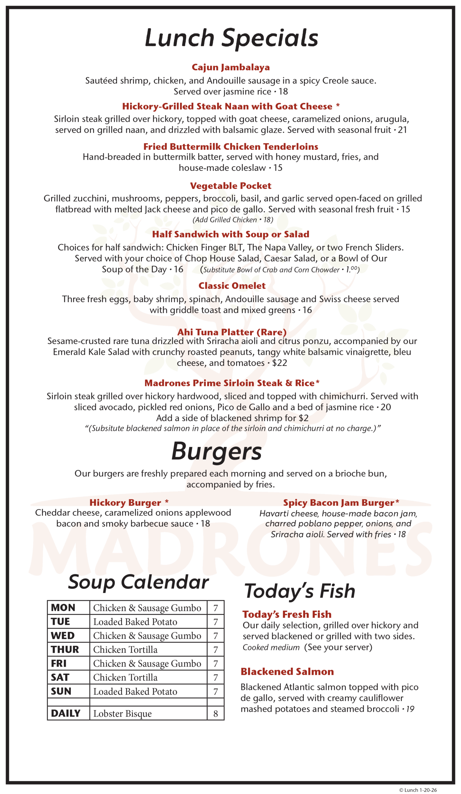 Madrones Lunch Menu 2026